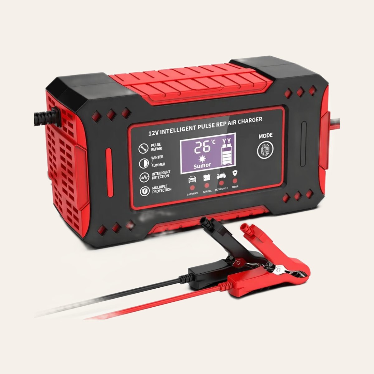 Cargador inteligente de batería 12V con pantalla digital, botón MODE y pinzas roja y negra