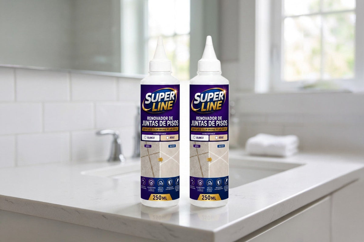 Renovador de juntas blanco, kit de 2 envases, sobre el mesón de un baño