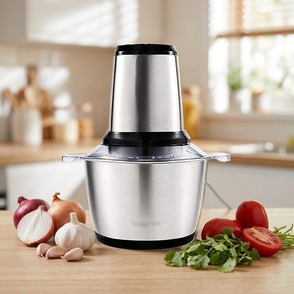 Procesador picatodo eléctrico de 3 litros en un mesón de cocina con cebolla, ajo, tomate y cilantro